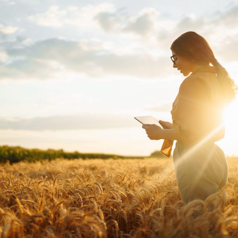Young Female farmer with tablet in the field. Agriculture, gardening, business or ecology concept.
